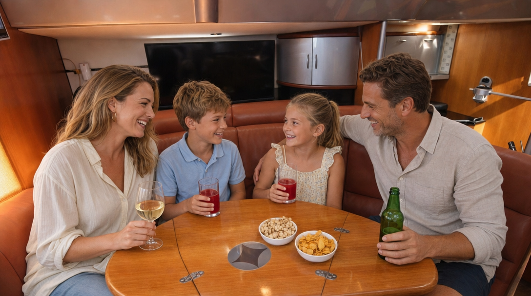 A family of four relaxing with drinks around the saloon table aboard Gemini 52 Med