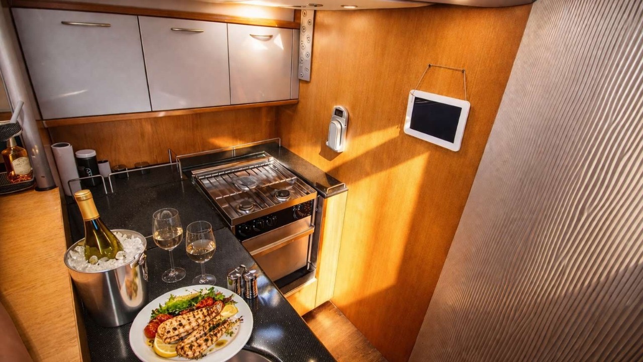 Galley with fresh catch and wine